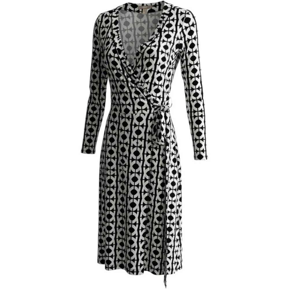 Banana Republic Womens Black White Geometric Link Print Long Sleeve Wrap Dress S